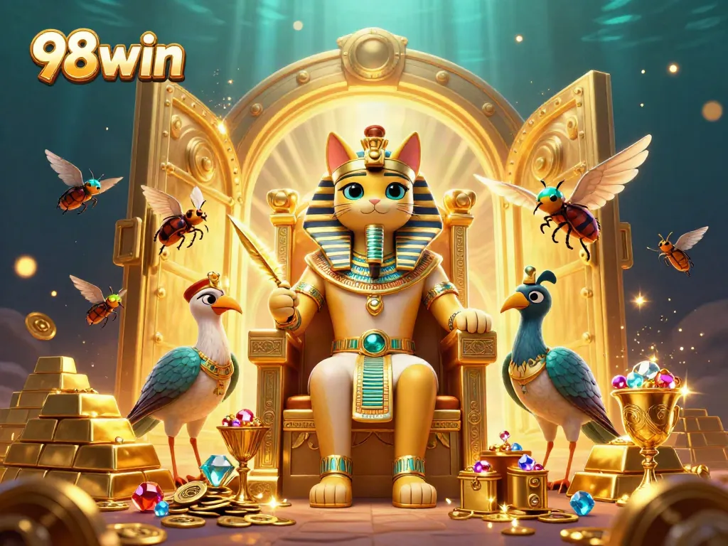 Win big with the 98win Egyptian-themed casino games showcasing wealth and luck in a vibrant 3D scene.