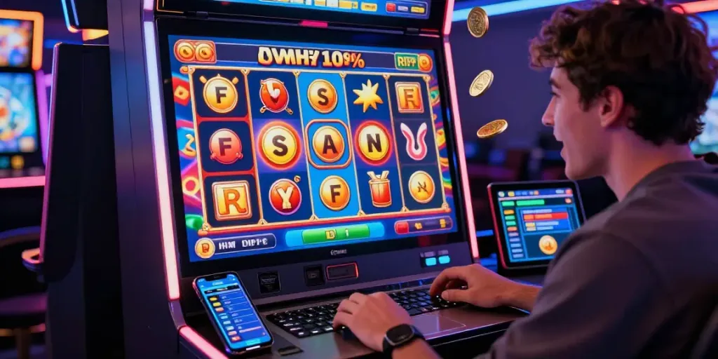 Engaged player enjoying a slot game with colorful graphics and high RTP indicators.
