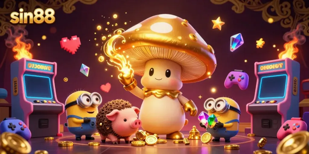 Experience casino excitement with sin88 in a sparkling 3D scene featuring magical characters and vibrant gaming elements.