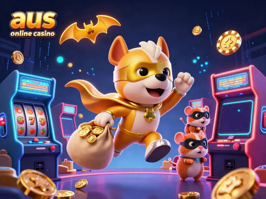 Join the fun at aus online casino with a superhero dog and hamster in a vibrant casino game world.