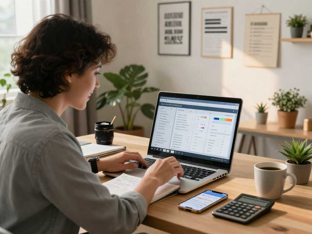 Focused individual analyzing financial strategies with a deposit 10k plan in a cozy home office.