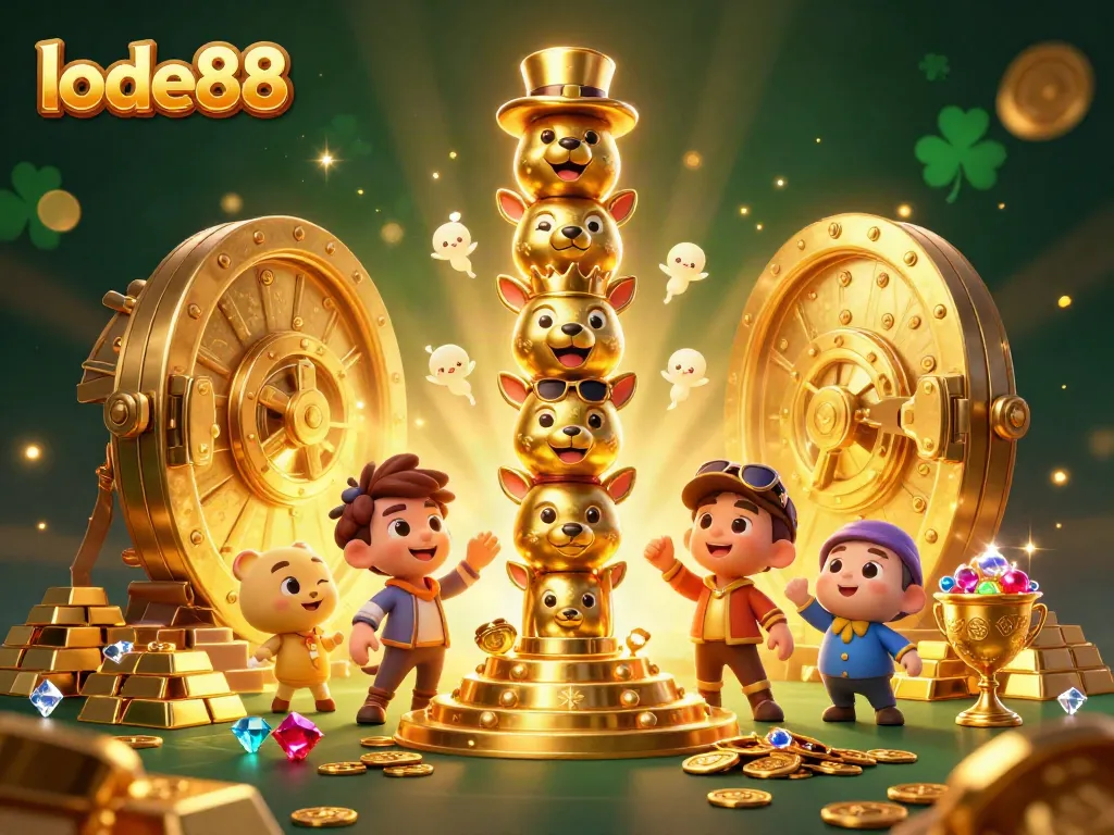 Engage with lode88's vibrant online casino features in this golden treasure-themed illustration.