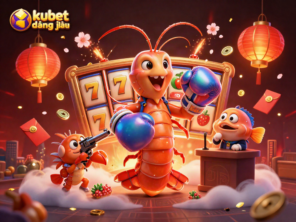 Win with kubet đăng nhập in this vibrant 3D casino scene featuring colorful characters, slot reels, and festive decorations.