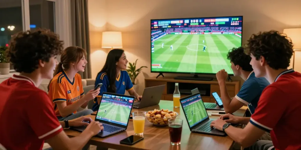 Group enjoying sports betting on lotus365 with live cricket and football matches
