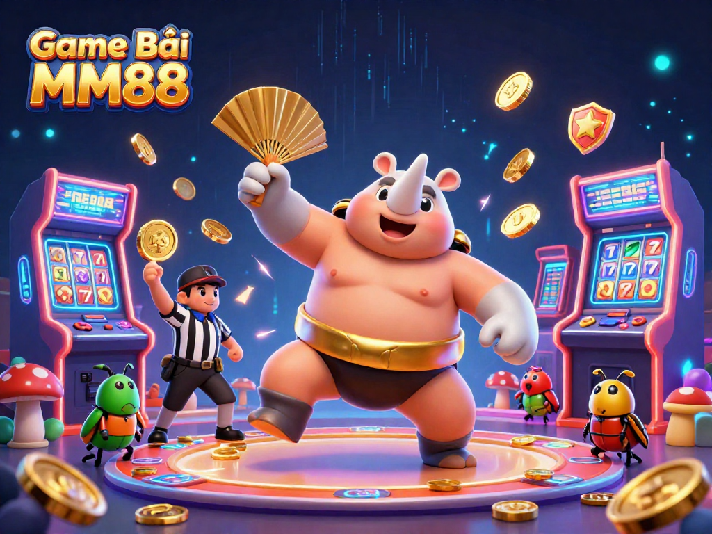Game Bài MM88 showcases exciting gameplay with a sumo beetle champion amid vibrant arcade elements.