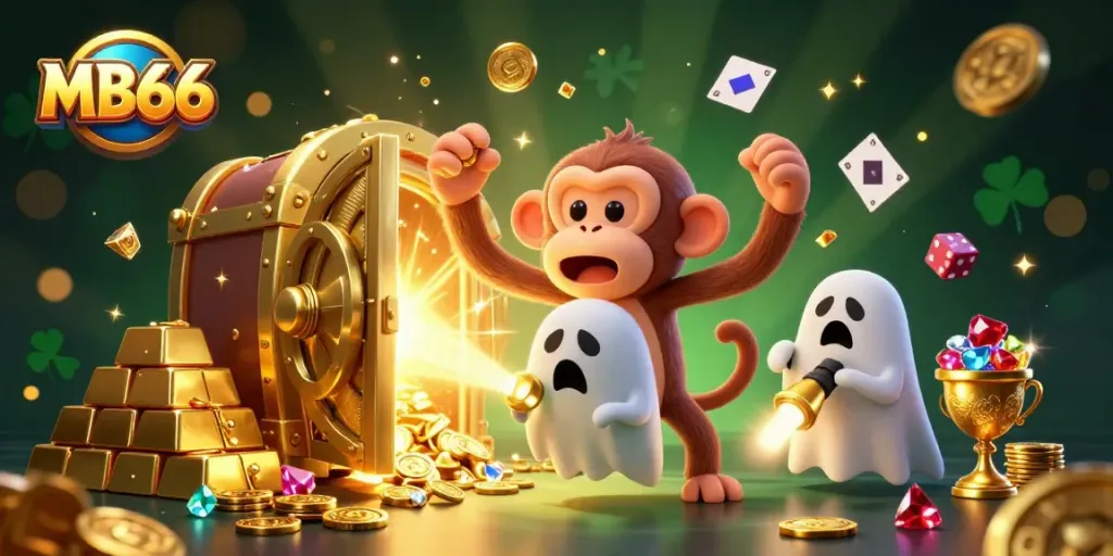 Engage with MB66's vibrant casino scene featuring an energetic poltergeist monkey and a ghost-hunter puppy.