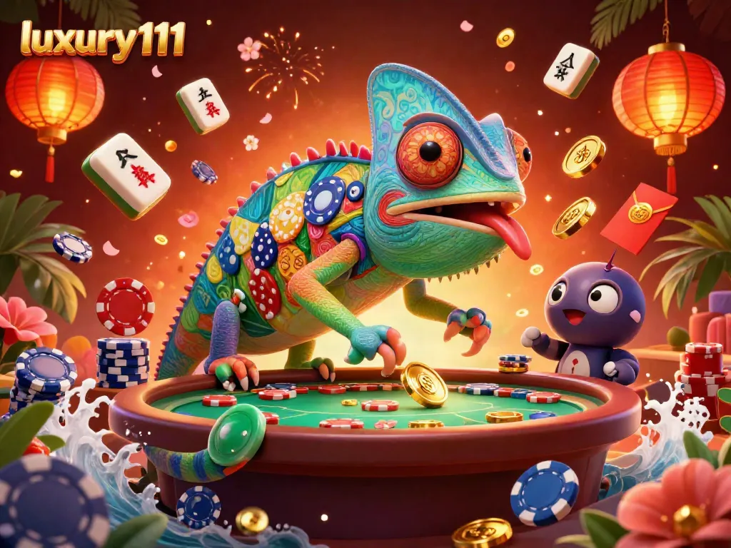 Engage in exciting games at luxury111 with the vibrant chameleon casino owner capturing golden coins.