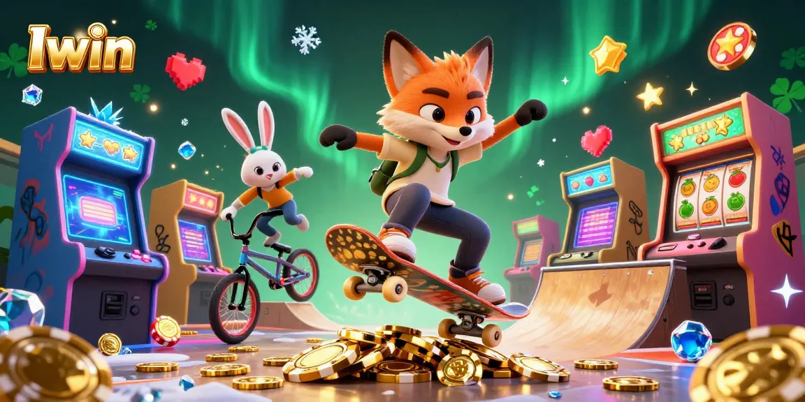 Iwin invites you to experience vibrant casino adventures with a skateboarder fox and BMX rabbit in a lively scene.