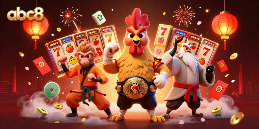 Experience abc8’s dynamic gaming scene with a cartoon rooster, monkey, and crane surrounded by vibrant casino elements.