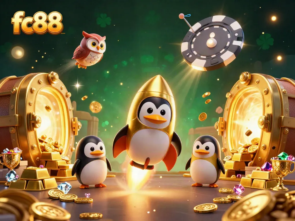 Experience gaming excitement with a vibrant fc88 illustration featuring a rocket-powered penguin in a dynamic casino scene.