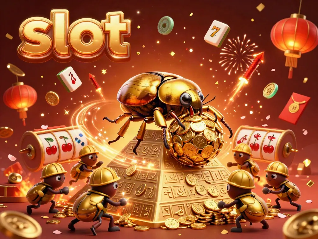 Engaging scene of slot-themed elements, featuring a golden beetle and vibrant symbols.