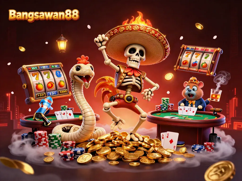 Bangsawan88 showcases a vibrant online casino scene featuring a triumphant rooster on golden coins, a mummy snake, and a DJ hamster.