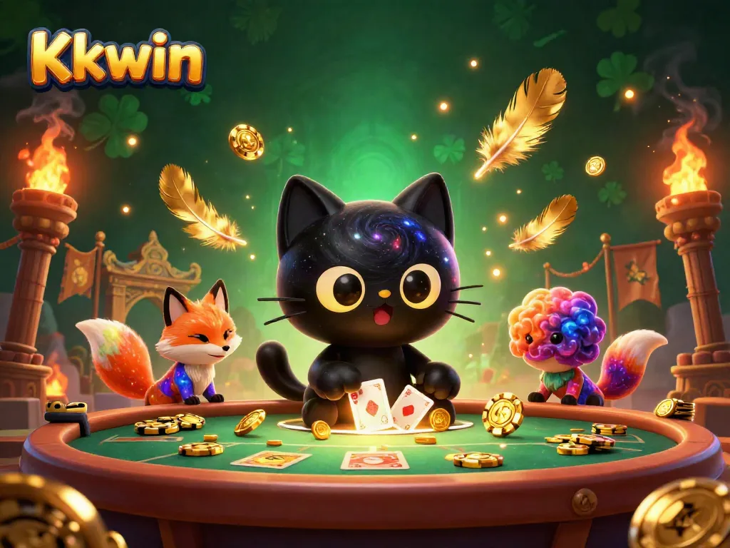 Kkwin's thrilling cosmic casino scene with a black hole cat and colorful nebula fox enjoying gambling excitement.