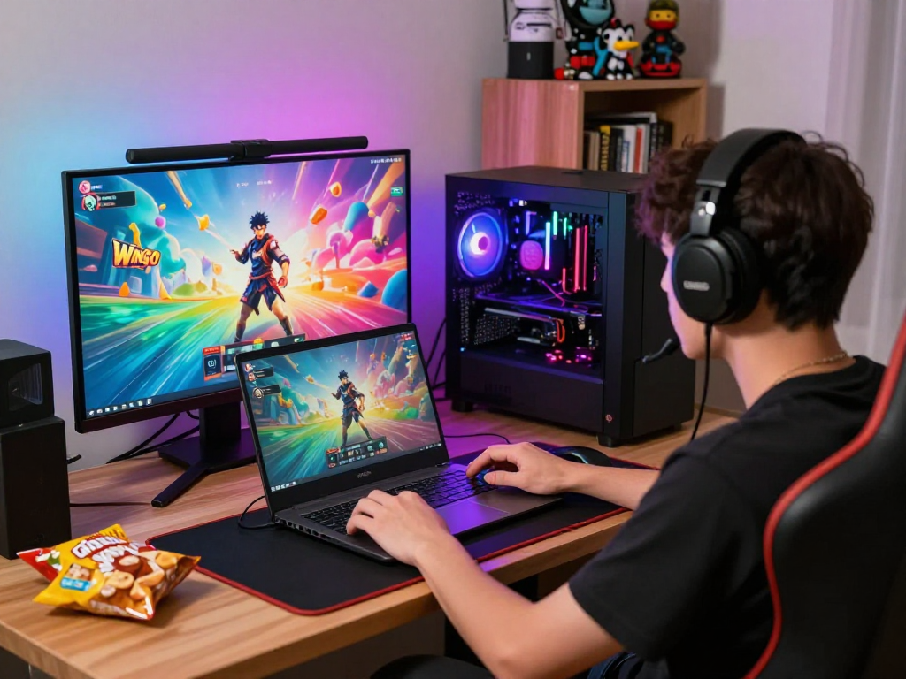Player enjoying 51 game on a vibrant gaming setup with popular titles on screen.