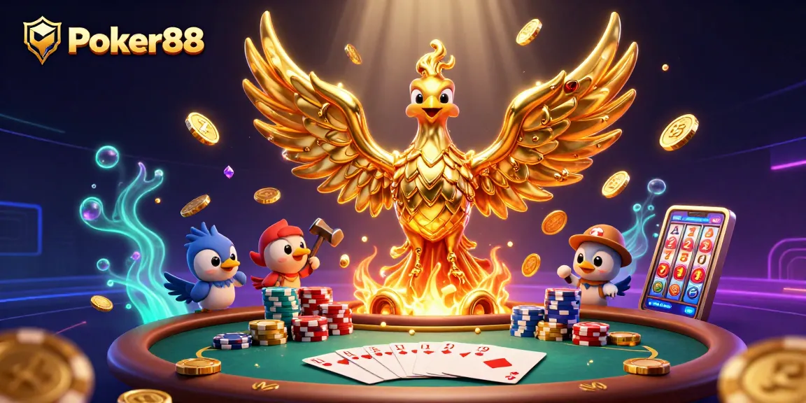 Experience the electrifying world of Poker88 with vibrant slots, poker hands, and golden treasures.