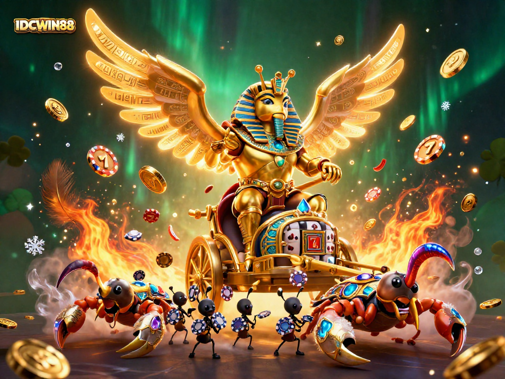 Experience big wins with IDCWIN88 in a vibrant casino scene filled with poker chips and slot elements.