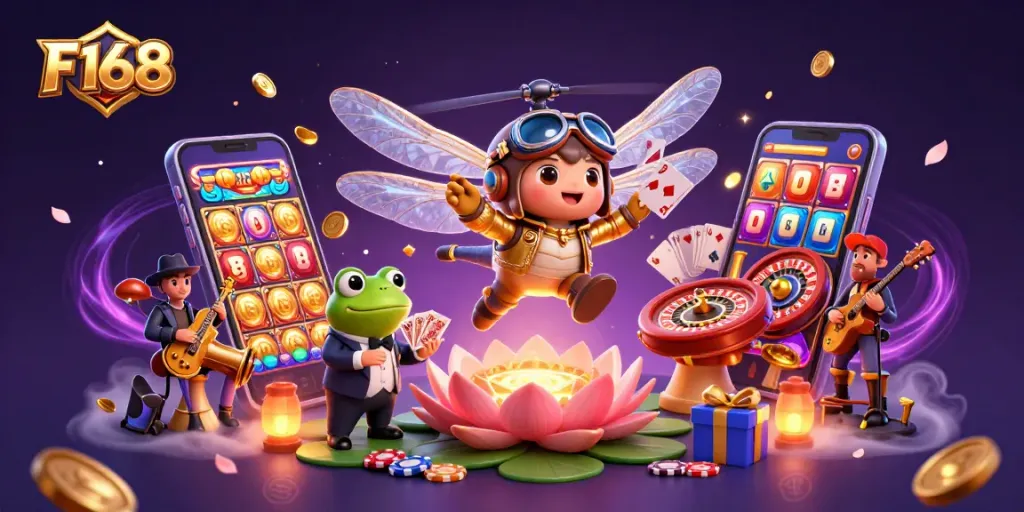 Engage with F168's vibrant casino experience featuring dynamic gaming elements and characters.