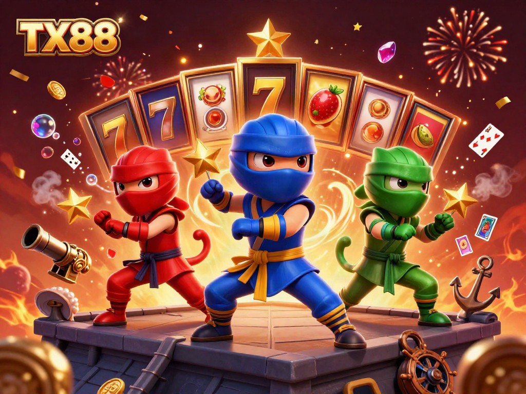 Experience excitement with TX88 as ninja chameleons spin slot reels amidst dazzling treasures.