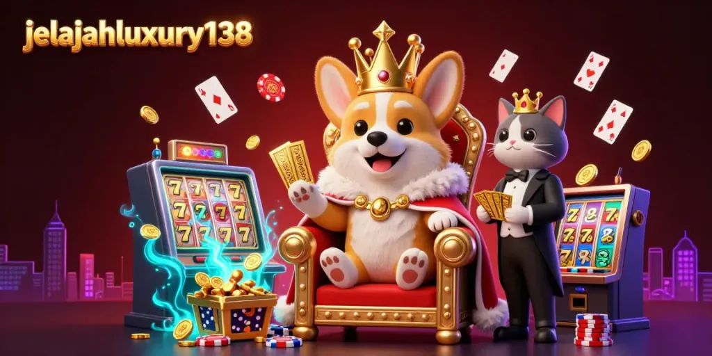 Experience the vibrant world of jelajahluxury138 with a royal corgi on the throne of poker chips.