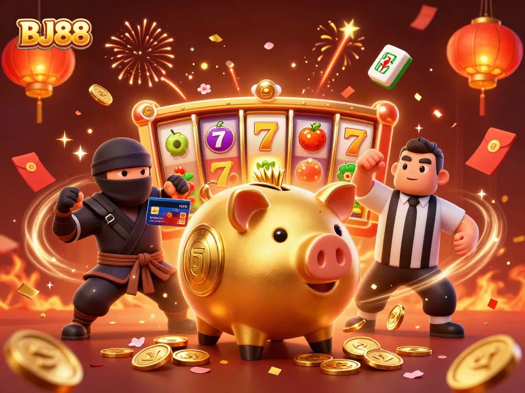 BJ88 Casino's dynamic atmosphere features a sumo wrestler, ninja, and samurai amidst spinning slot reels and golden coins.