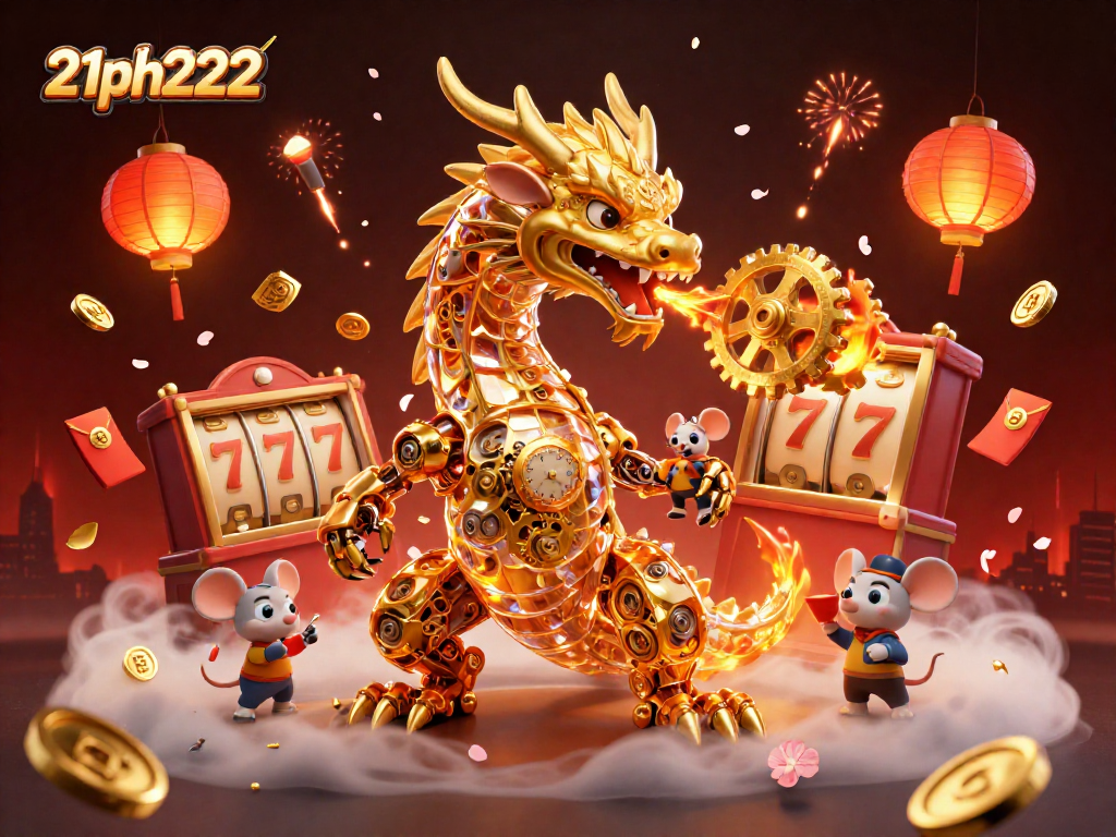 Spin the 21ph222 slots with enchanting visuals of a golden dragon amidst festive gambling elements.