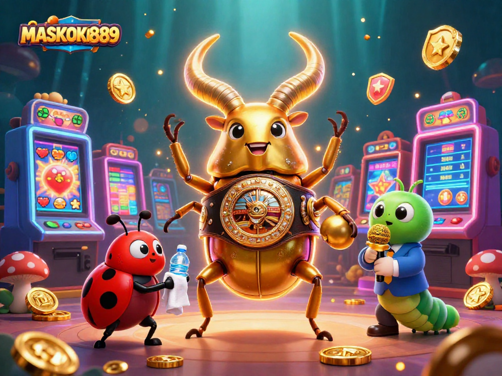 Engage with the exciting world of MASKOKI889 as a golden stag beetle battles it out in a vibrant casino-themed illustration.
