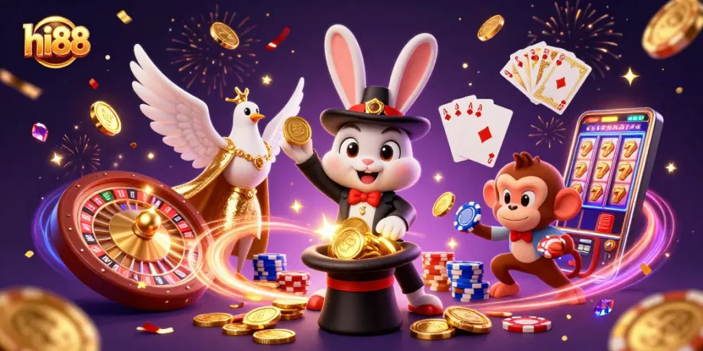 Experience excitement at hi88 as a magician rabbit produces golden coins amidst a vibrant casino illustration.