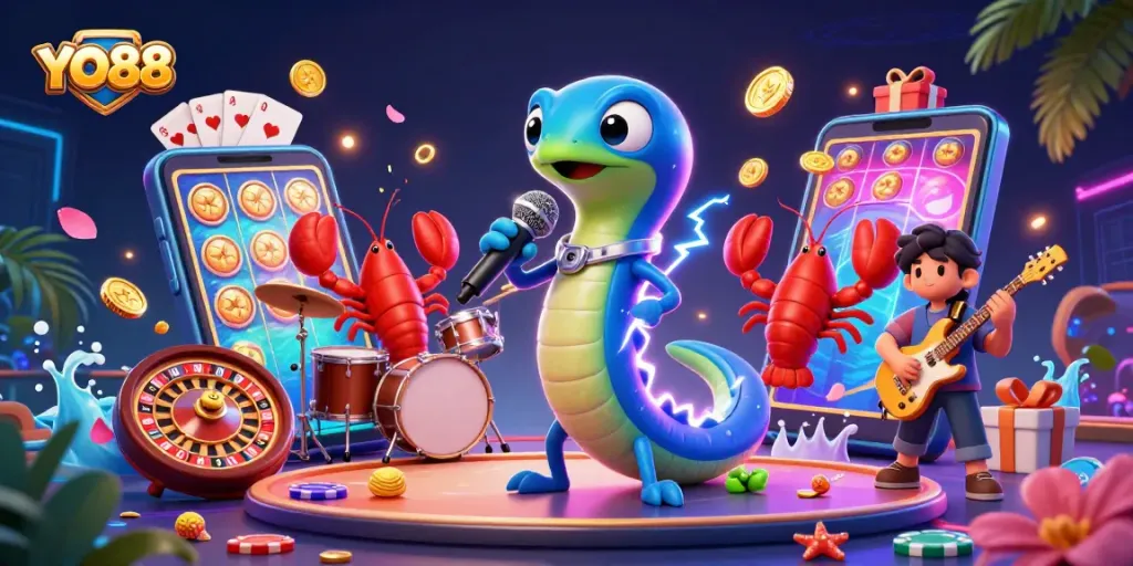 Engage with YO88 as the electric eel DJ performs in an underwater casino, showcasing excitement and wins.