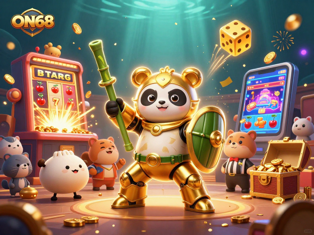 Experience thrilling action at ON68 with a vibrant 3D casino scene featuring dynamic characters and games.