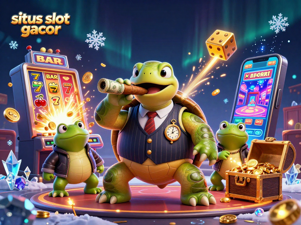 Experience the fun at situs slot gacor with a vibrant 3D casino scene featuring a unique turtle mobster.