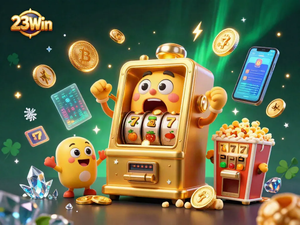 Watch 23Win's thrilling golden slot machine celebrate wins with a vibrant jackpot scene.