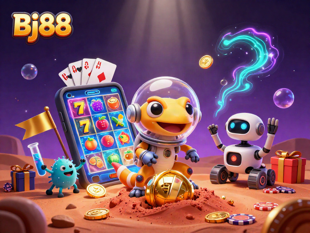 Bj88 captures a Martian gecko discovering a hidden golden casino amidst vivid gambling props and cosmic colors