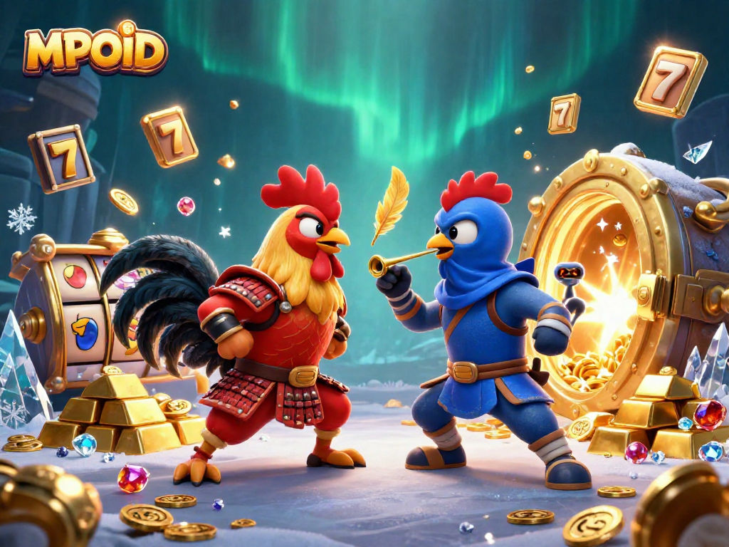 MPOID promotes an intense standoff between fighting roosters in a vibrant casino scene full of treasures.