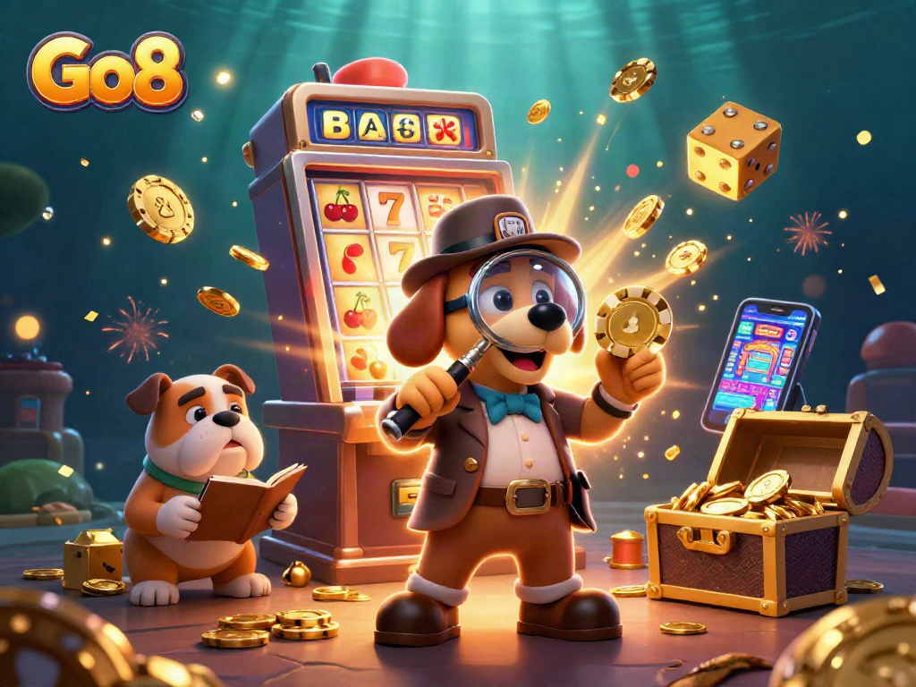 Go8 detective dog investigates poker chip clues in a vibrant casino scene