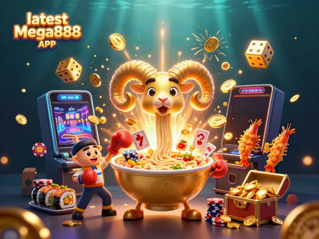 Experience the excitement of the latest Mega888 APK with this dynamic 3D casino scene full of vibrant characters and games.