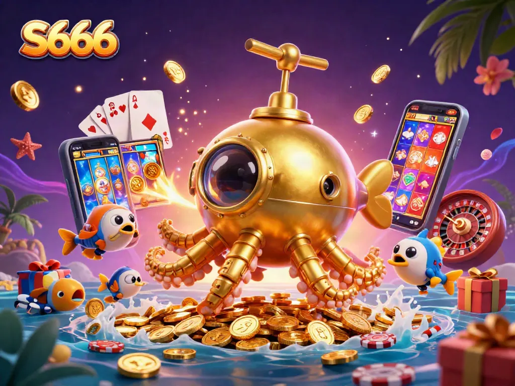 S666 interactive slot game featuring a golden kraken submarine and dynamic elements.