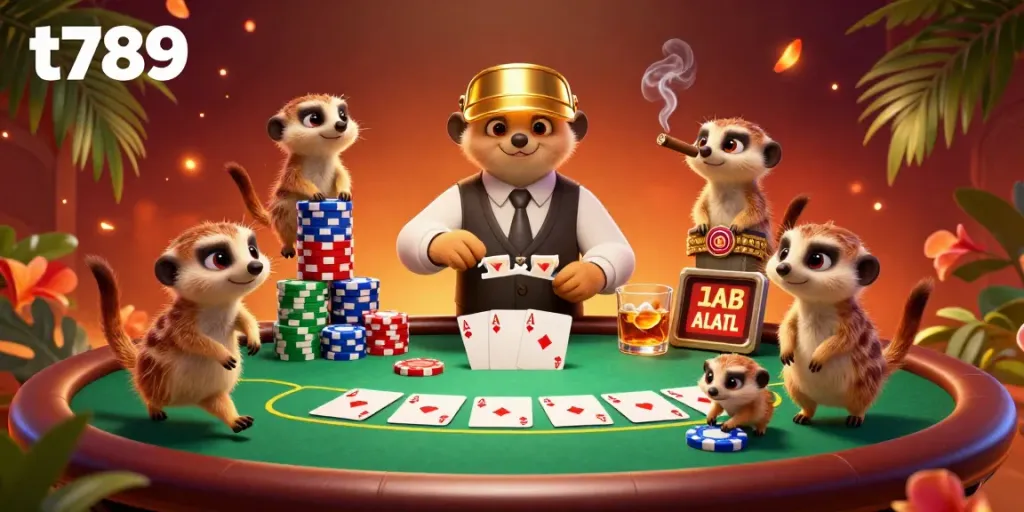 Experience the vibrant casino atmosphere at t789 with meerkats managing poker moments, colorful chips, and rich details.