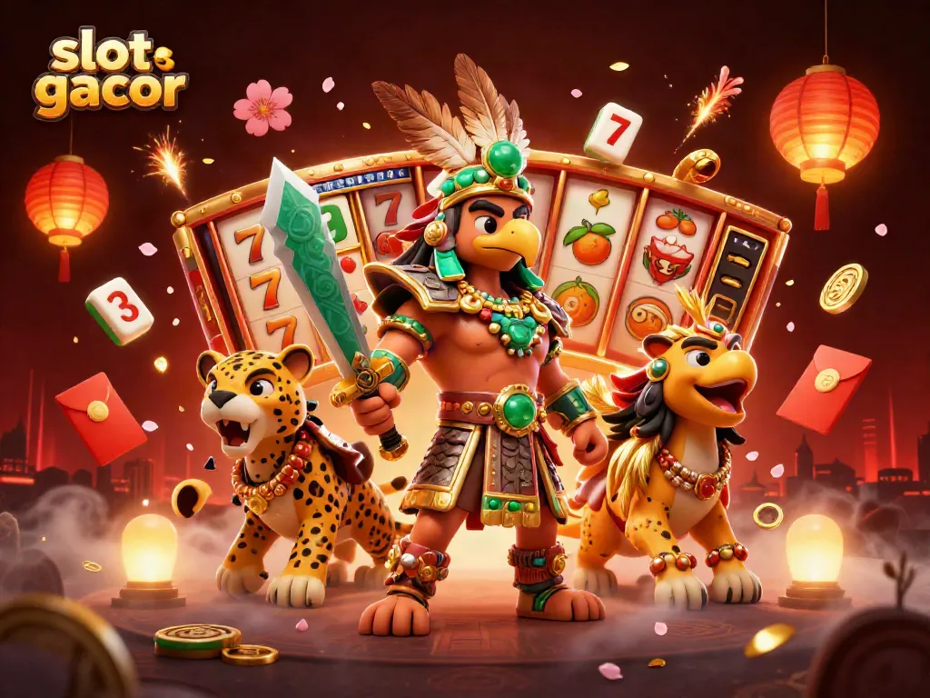 Mengalahkan slot gacor dengan simbol keberuntungan dan petualangan dalam ilustrasi 3D yang kaya warna.
