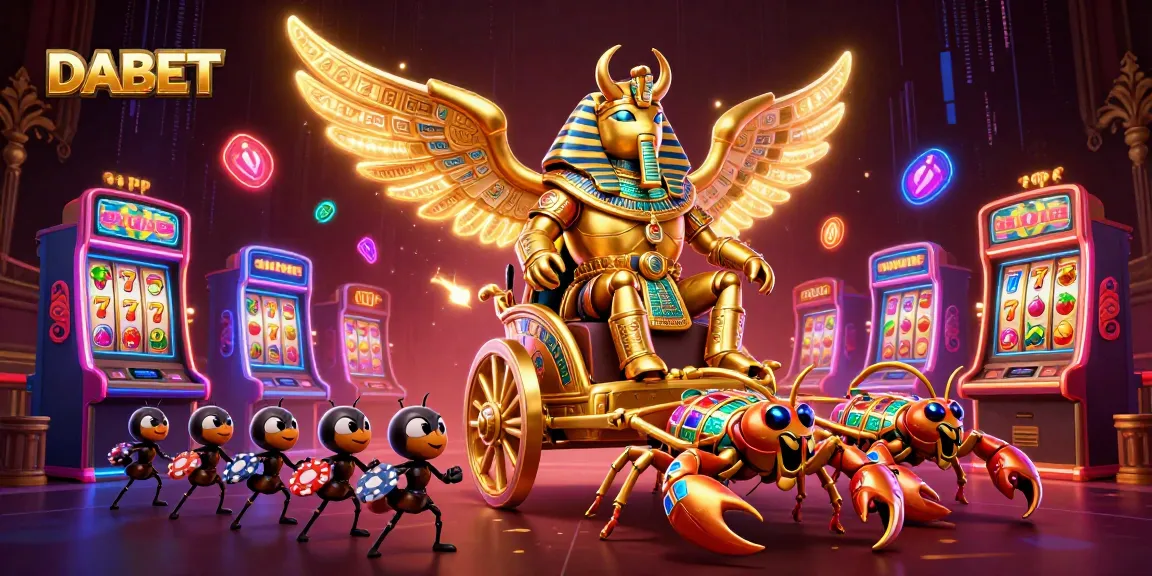 DABET offers exciting gameplay with golden scarab beetles amidst vibrant slot machines in a thrilling casino scene.