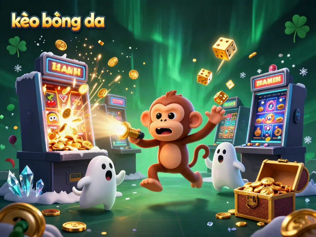 Engaging illustration showcasing a mischievous poltergeist monkey juggling gold items while a curious puppy watches in a vibrant casino themed around kèo bóng đá.