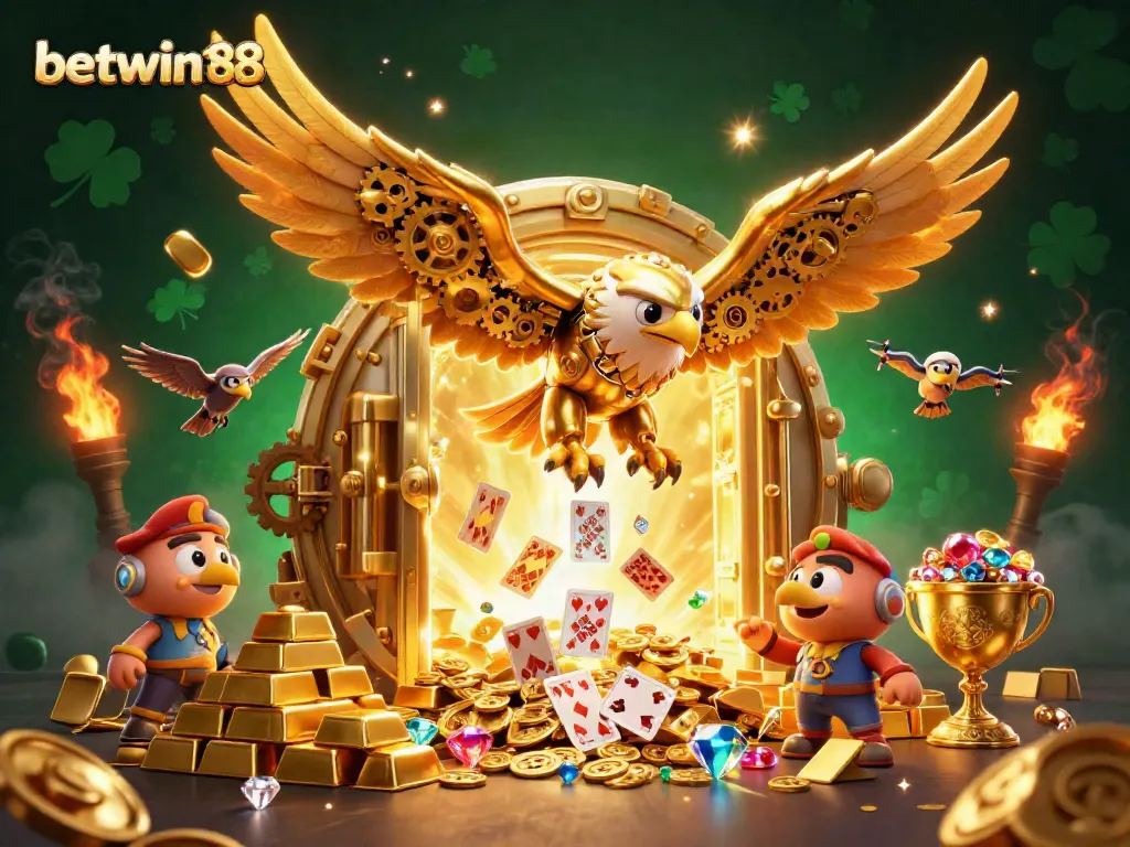 Experience the excitement of betwin188 with a golden eagle diving through vibrant holographic cards.