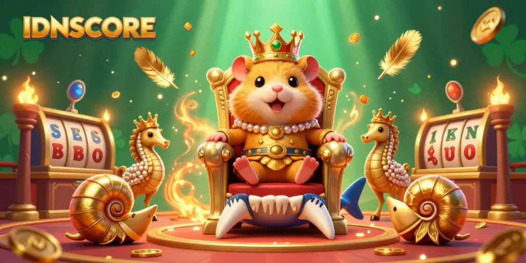 IDNSCORE showcases a golden hamster king in an exciting casino setting surrounded by vibrant gaming elements.