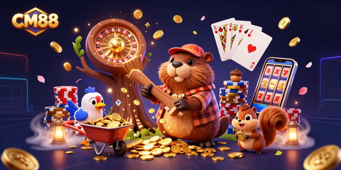 CM88 brings excitement as the beaver chops a tree raining golden coins, showcasing a vibrant online casino experience.