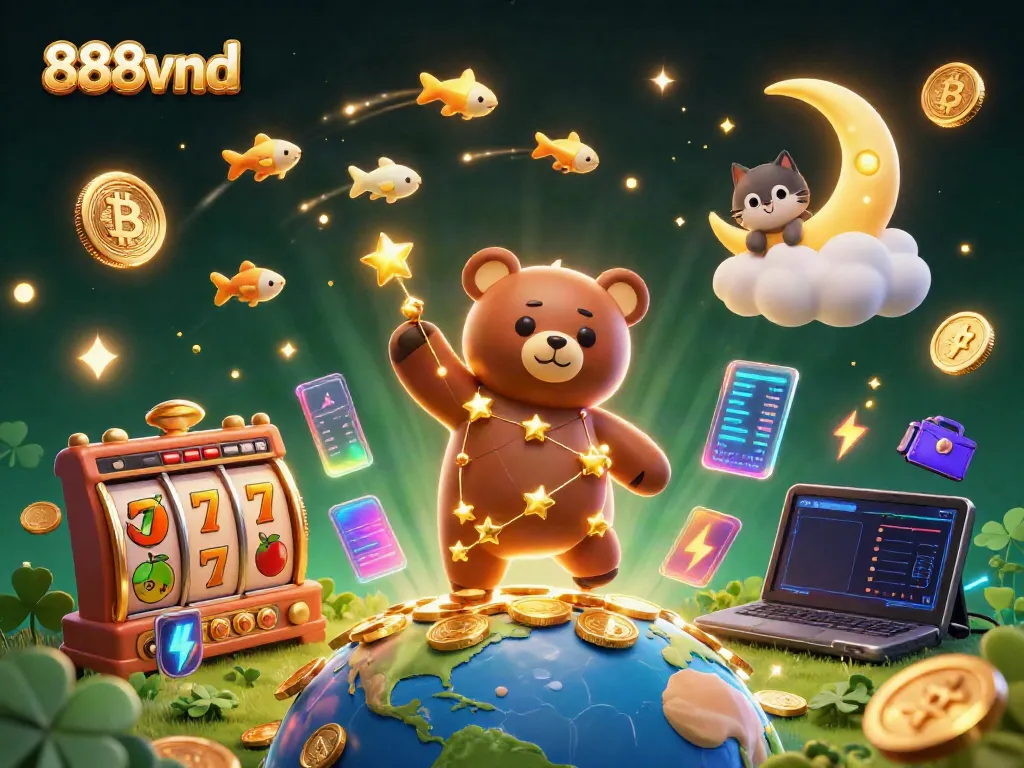 Engage with 888vnd through a vibrant scene of celestial characters amidst slot game elements, embodying excitement.