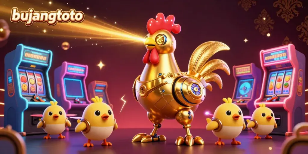 Engage with bujangtoto through vibrant gaming symbols featuring a golden rooster robot amidst arcade machines.