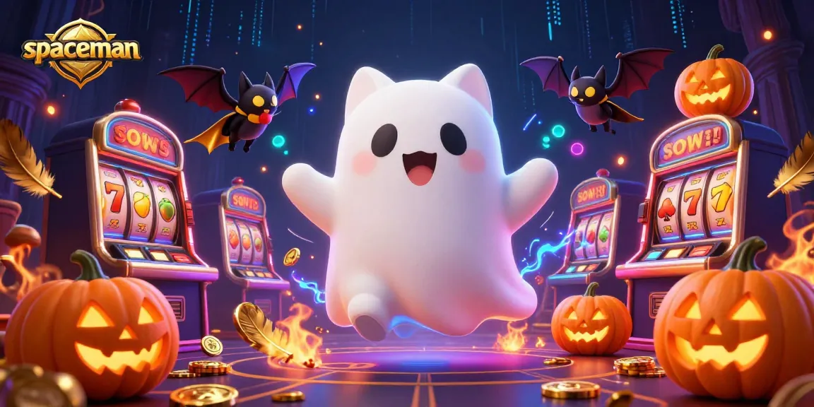 Join the spaceman ghost cat in a haunted casino filled with vibrant slot reels and festive jack-o-lanterns.