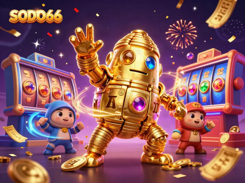 SODO66 players enjoy spinning slot reels and winning tickets in a vibrant casino atmosphere.