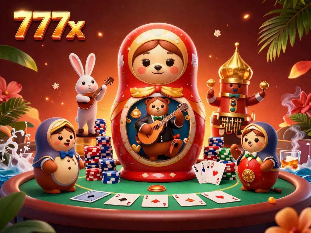 Experience the thrill of 777x gaming with cartoon characters in a vibrant casino scene.