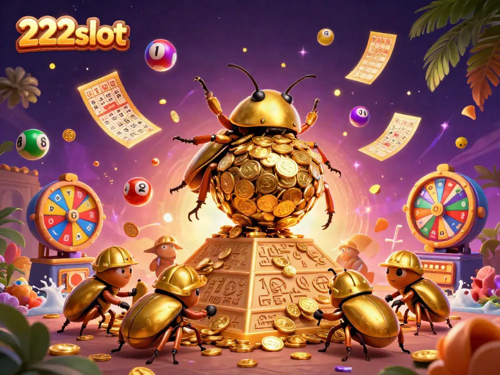 Permainan 222slot di tengah suasana malam yang cerah dengan simbol-simbol kasino dan uang koin emas bertebaran.