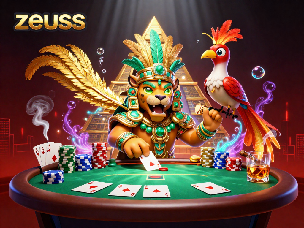 Engage with Zeus through dynamic gameplay featuring poker and vibrant characters in a colorful casino environment.